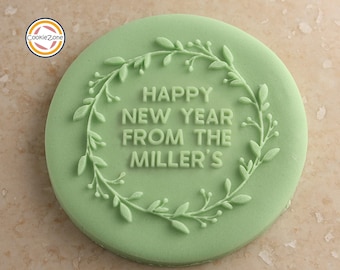 Happy New Year with Family Name Wreath (Style 14) Debosser/Embosser/Fondant Stamp