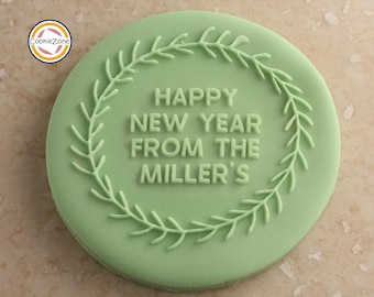 Happy New Year with Family Name Wreath (Style 15) Debosser/Embosser/Fondant Stamp