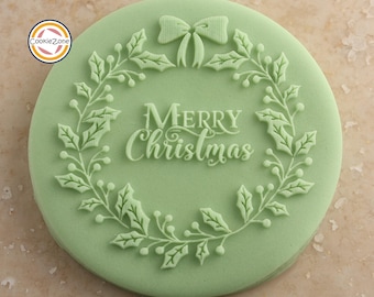 Merry Christmas with Wreath 3 Debosser/Embosser/Fondant Stamp/Debosser Set