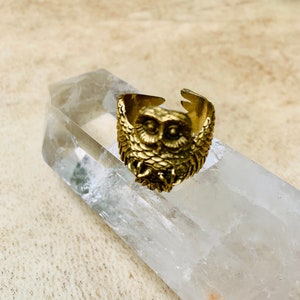 Wisdomkeeper Owl Statement Ring, adjustable, one of a kind piece, natural brass, unique, unisex, divine feminine, goddess, priestess