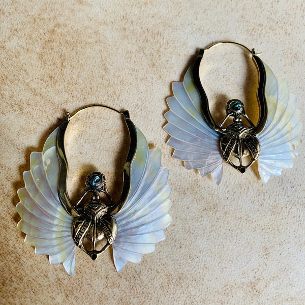 Large Mother of Pearl and Abalone Shell Egyptian Scarab Earrings, One of a kind,Irridescent, Unique gift, Multicolored, Goddess, Moon energy