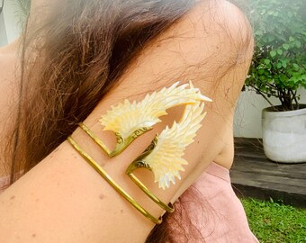 Golden Shell and Natural Brass Angel Wing upper Arm Cuff, one of a kind gift, goddess, angelic, festival wear, boho, handcarved