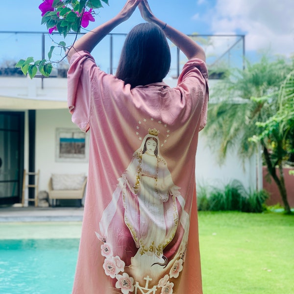 Divine Feminine,Mother Mary Organic and Eco Dyed Batik Handpainted Silk, Goddess Kimono, Shawl Sleeves, Unique, Handpainted, One Size