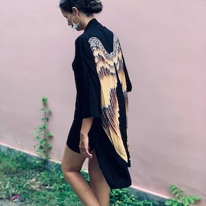 Angel Wing Kimono / Robe, Unisex Robe black, Unique Batik Handpainted Kimono Robe, One of a kind, Unique, Resortwear, Beach Cover, Boho