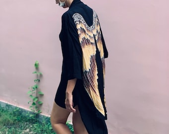 Angel Wing Kimono / Robe, Unisex Robe black, Unique Batik Handpainted Kimono Robe, One of a kind, Unique, Resortwear, Beach Cover, Boho