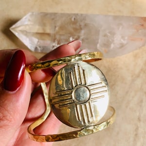 Zia Cuff, Indiginous Sun Symbol, one of a kind, unique, four directions, four seasons, tribal, protection, gift, boho, brass