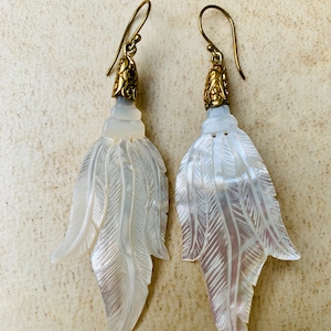 One of a kind Angel Wing Earrings, handcarved from pearl shell and brass, gift, unique, festival wear, boho, goddess, feminine, angelic