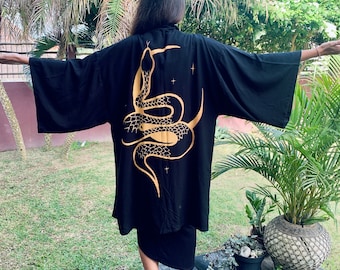 Lunar Serpent Golden Snake on black Kimono handpainted Batik Jacket, One Size, Goddess, Moon Magic, One of a kind gift, unique