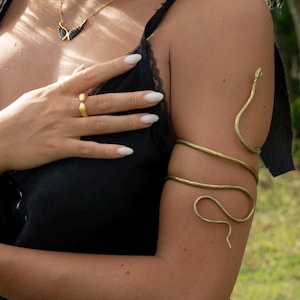 May include: Gold-toned jewelry set featuring a snake arm cuff, a wing pendant necklace, and a ring. The arm cuff wraps around the arm in a snake design. The necklace has a gold chain with a black and gold wing pendant.