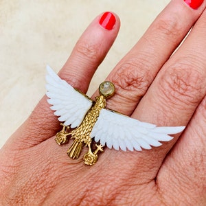 Ra Ring, Egyptian Falcon & Labradorite, Sun God Ring in bone and natural brass ,power ring, one of a kind, unisex, unique, ra, egypt, ankh