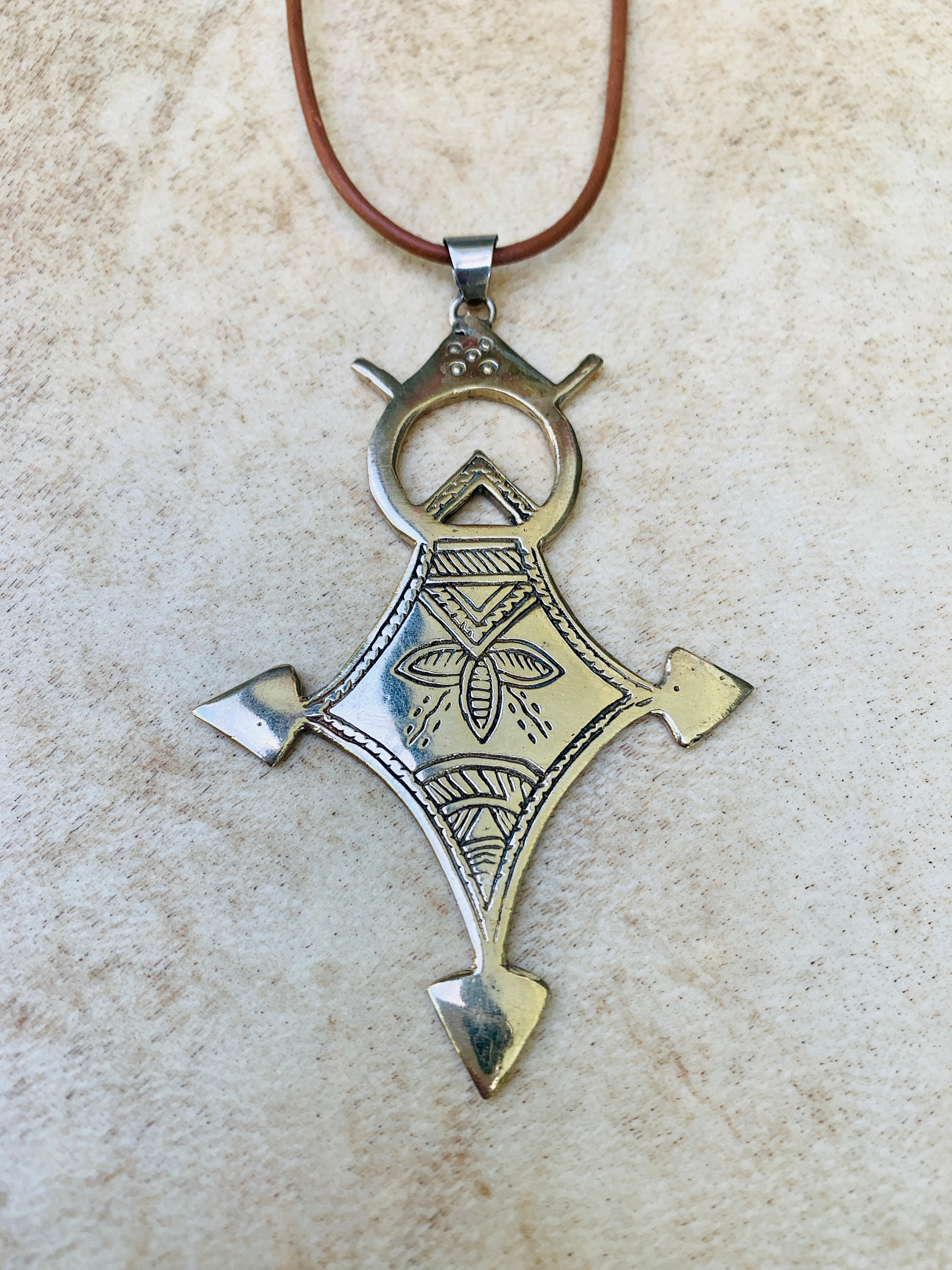 Large Tuareg Compass Cross Necklace: Berber Sahara Tribe Brass