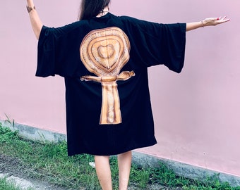 Hand-Painted Batik Kimono Robe: Black & Golden Ankh, Unisex Boho Beachwear