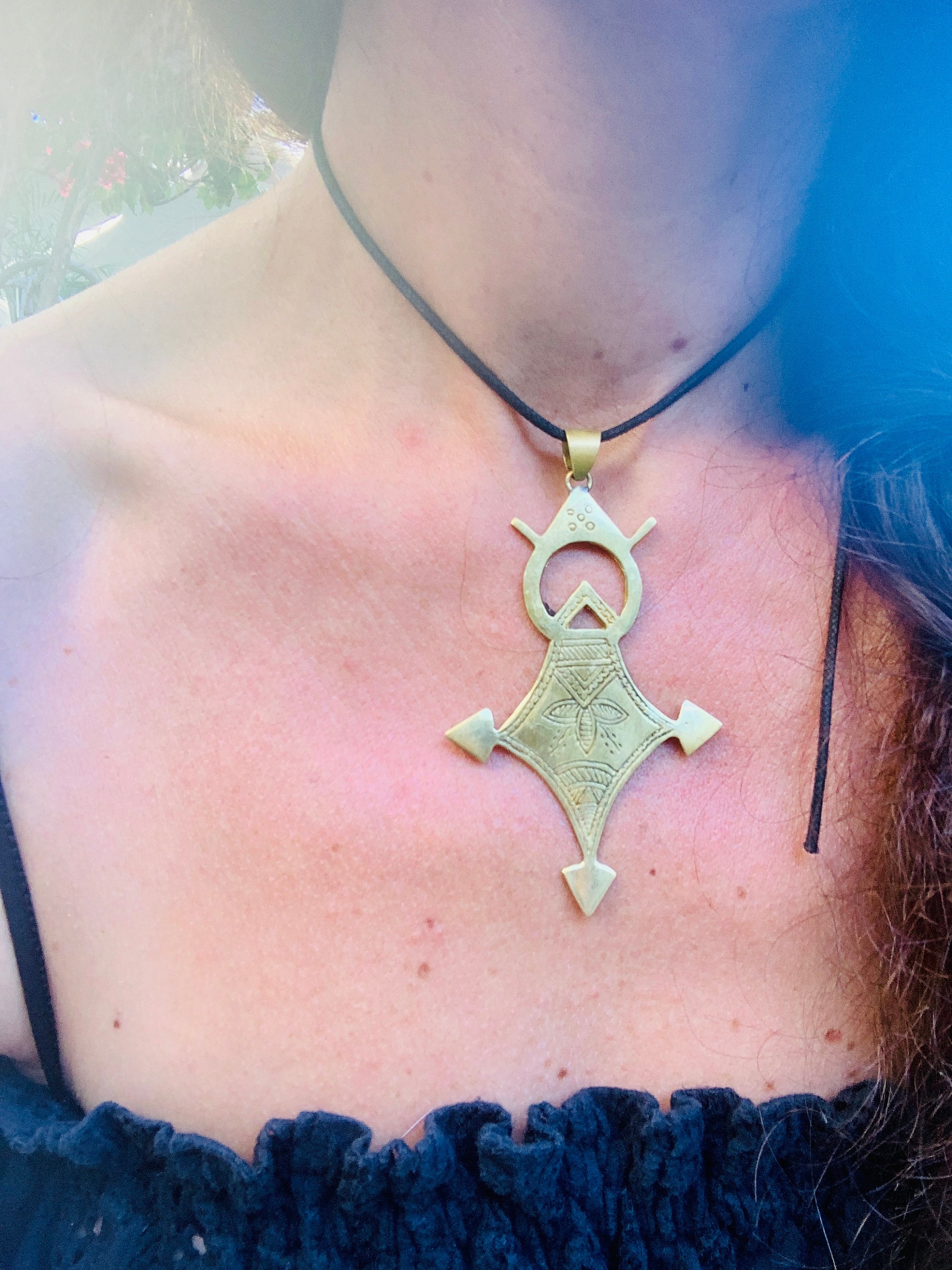 Tuareg Compass Cross Necklace: Natural Brass Berber Tribal Pendant