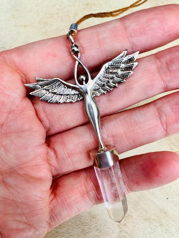 Silver Angel Pendant: Clear Quartz Crystal Talisman, Handmade Protection