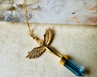 Pingente de Anjo Andara Azul em Ouro 22k: Colar Talismã Feito à Mão