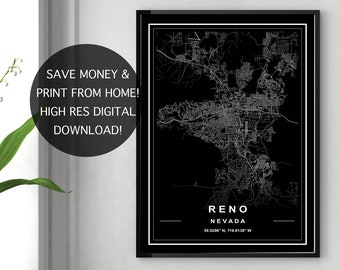 RENO MAP PRINT, High Res Map, Map of Reno, Reno Map, Reno Map Download ...