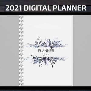 May include: A digital planner for the year 2021 with a white background and a floral design in shades of gray and purple. The text "PLANNER 2021" is centered on the page.