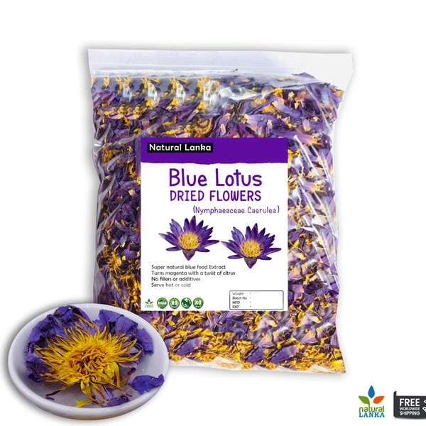 100% Organic Blue Lotus Flowers · Premium Nymphaea caerulea · Egyptian Blue Lotus Herb · Yoga Tea for Meditation