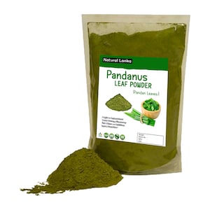 May include: A clear plastic pouch containing dark green Pandanus leaf powder. The label features the text Natural Lanka, Pandanus Leaf Powder, and Pandan Leaves, with an illustration of a pile of powder and fresh leaves in a wooden bowl.