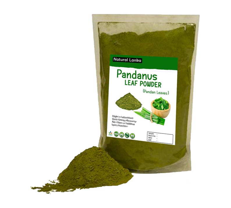 May include: A clear plastic pouch containing dark green Pandanus leaf powder. The label features the text Natural Lanka, Pandanus Leaf Powder, and Pandan Leaves, with an illustration of a pile of powder and fresh leaves in a wooden bowl.