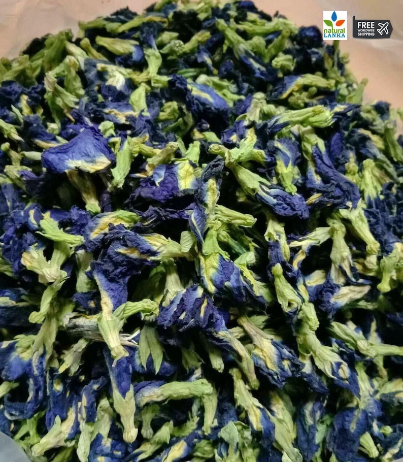 May include: Dried blue butterfly pea flowers, also known as blue pea flowers, are a natural food coloring and herbal tea ingredient. The flowers are a vibrant blue color and have a slightly sweet taste.