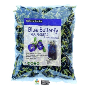May include: A resealable bag of dried blue butterfly pea flowers, also known as Clitoria ternatea. The label reads "Natural Lanka Blue Butterfly Pea Flowers (Clitoria ternatea)". The label also says "Super natural blue food Turns magenta with a twist of citrus No fillers or additives Serve hot or cold".