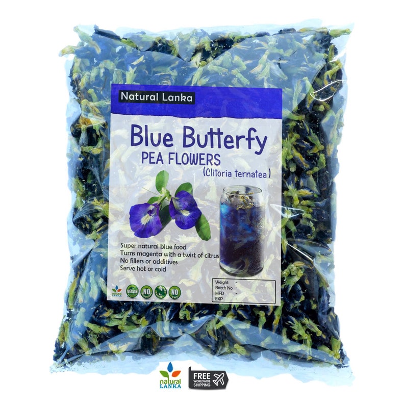 May include: A resealable bag of dried blue butterfly pea flowers, also known as Clitoria ternatea. The label reads "Natural Lanka Blue Butterfly Pea Flowers (Clitoria ternatea)". The label also says "Super natural blue food Turns magenta with a twist of citrus No fillers or additives Serve hot or cold".