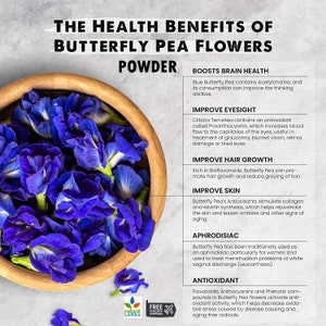 May include: A bowl of blue butterfly pea flowers, with text describing the health benefits of butterfly pea flowers powder, including boosting brain health, improving eyesight, hair growth, skin, and acting as an aphrodisiac and antioxidant.