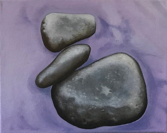 Contemporary small oil painting of Oregon beach rocks, on gallery wrapped stretched canvas, ready to hang, for home or office decor.