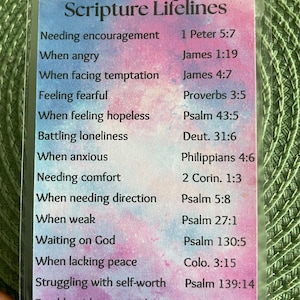 May include: A clear plastic card with the title "Scripture Lifelines" and a list of situations with corresponding Bible verses. The card has a colorful, watercolor-like background and is held against a green, textured surface.