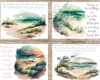 May include: Four watercolor paintings of seascapes with inspirational bible verses. The paintings feature a beach, ocean, and sky with a sunset or sunrise. The verses are from Psalms, Isaiah, and Isaiah.