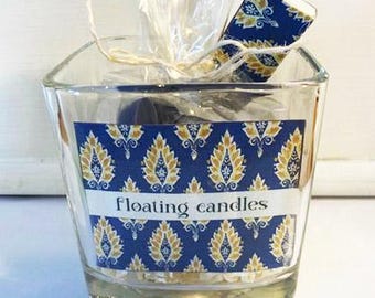FLOATING CANDLES, Grey Yellow Block Print Motif Candles, Floating Candles, Hostess Gift, Mothers Day Gift, Dinner Candles, under 20