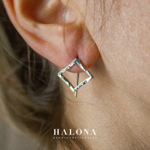 Hand made Silver Earrings, hammered square with ear jacket Earrings