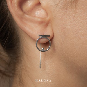 Hand made Silver Earrings, geometric elements with ear jacket
