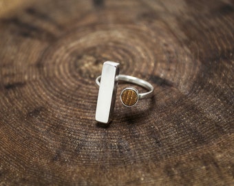Geometric statement ring. Handmade modern silver and wood ring.