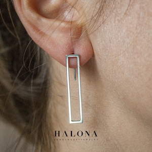 Hand made Silver Earrings, rectangle ear jacket Earrings