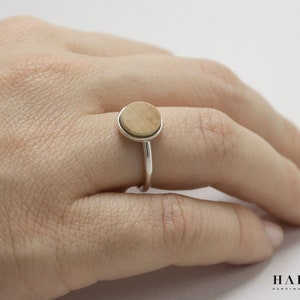 Geometric ring, Handmade modern circle silver and wood ring.