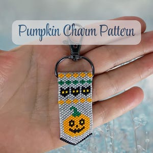 以下が含まれることがあります： Pumpkin Charm Patternという文字が書かれた、ライトグレーの背景にカボチャと猫のモチーフが描かれた長方形のビーズ製キーホルダー。オレンジ、黄色、緑、黒のビーズで構成され、銀色の金属製ロブスタークラスプに取り付けられています。
