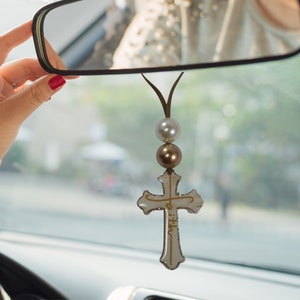 Faith Cross Rear View Mirror Charm, Beaded Car Accessories, Religious Car Decorations