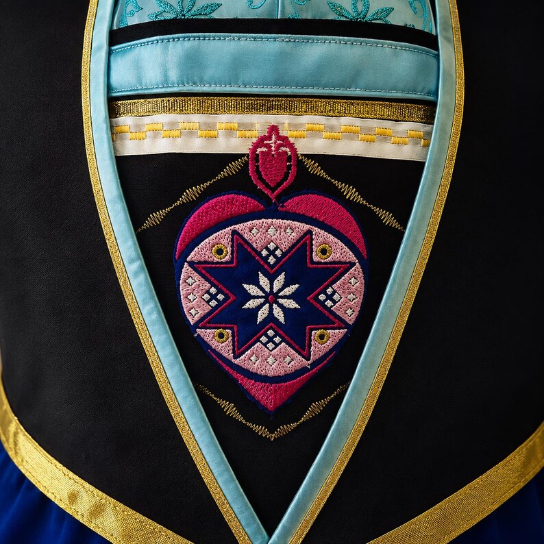 May include: A black bodice featuring a central panel with intricate embroidery. The design includes a pink and blue star-shaped motif, gold trim, and a light blue upper section with teal floral stitching, framed by a V-shaped gold border.