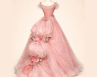 Pink Masquerade Ball Gown – Adult Fantasy Dress, Victorian Inspired Corset Dress with Tulle Skirt & Floral Details