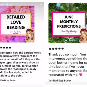 Pu&ograve; includere: Due immagini di annunci Etsy. La prima immagine presenta il testo "DETAILED LOVE READING" in una cornice rosa e gialla, con un ritratto di donna. La seconda immagine presenta il testo "JUNE MONTHLY PREDICTIONS" in una cornice rosa, con un ritratto di donna.