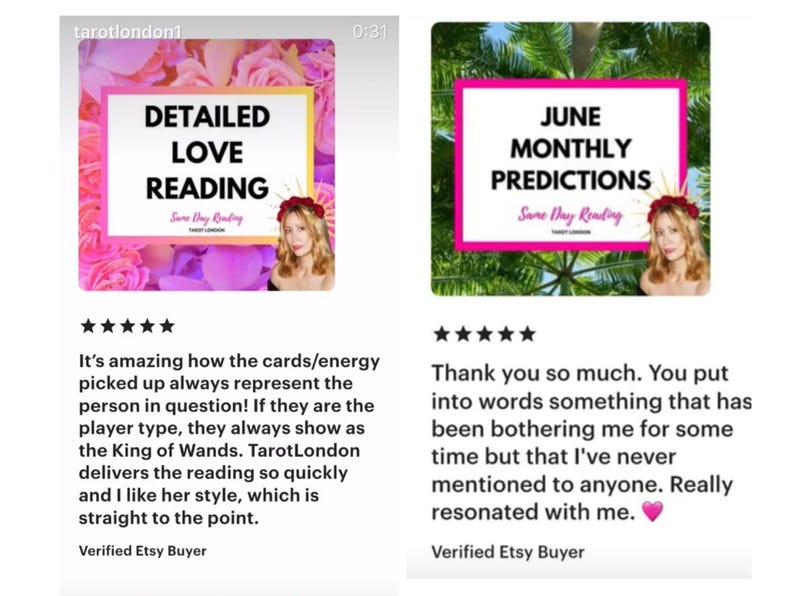 Pu&ograve; includere: Due immagini di annunci Etsy. La prima immagine presenta il testo "DETAILED LOVE READING" in una cornice rosa e gialla, con un ritratto di donna. La seconda immagine presenta il testo "JUNE MONTHLY PREDICTIONS" in una cornice rosa, con un ritratto di donna.