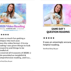 May include: Two images featuring a woman holding tarot cards. The first image has the text "2026 Video Reading" and customer reviews. The second image has the text "Same Day 1 Question Reading" and customer reviews.
