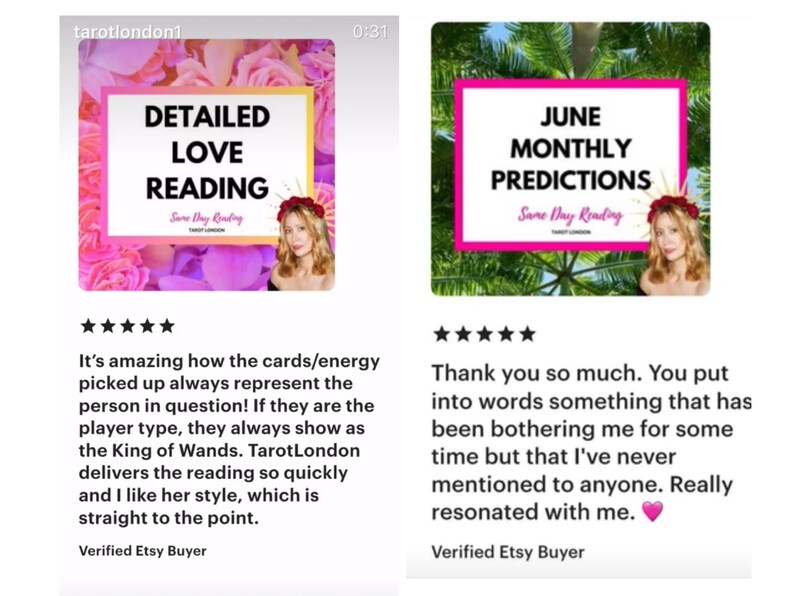 May include: Two digital graphics with text and a woman's image. The first graphic says "DETAILED LOVE READING" with a pink and yellow border. The second graphic says "JUNE MONTHLY PREDICTIONS" with a pink border. Both have a woman with a floral crown.