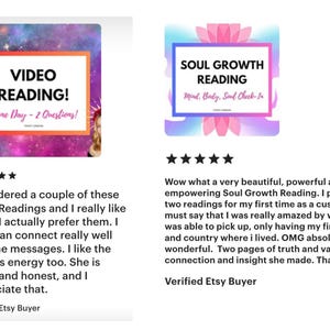 Pu&ograve; includere: Due grafiche digitali con testo. La prima dice "VIDEO READING!" e "Same Day - 2 Questions!". La seconda dice "SOUL GROWTH READING" e "Mind, Body, Soul Check-In". Entrambe hanno una valutazione a stelle e recensioni dei clienti.