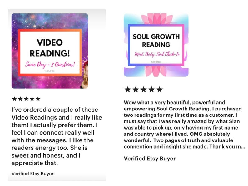 Pu&ograve; includere: Due grafiche digitali con testo. La prima dice "VIDEO READING!" e "Same Day - 2 Questions!". La seconda dice "SOUL GROWTH READING" e "Mind, Body, Soul Check-In". Entrambe hanno una valutazione a stelle e recensioni dei clienti.