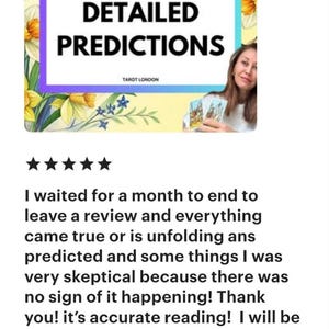 Pu&ograve; includere: Immagine con testo "MARCH DETAILED PREDICTIONS" e "TAROT LONDON". Una donna tiene in mano carte dei tarocchi. &Egrave; inclusa una recensione del cliente con una valutazione a cinque stelle, che evidenzia l'accuratezza delle previsioni.