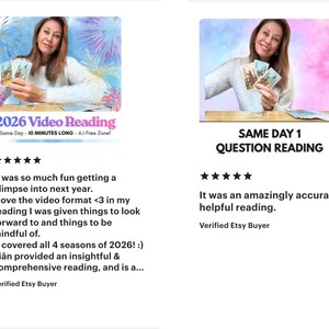 Pu&ograve; includere: Due immagini di una donna con carte dei tarocchi. La prima immagine presenta il testo "2026 Video Reading" e recensioni dei clienti. La seconda immagine presenta il testo "Same Day 1 Question Reading" e recensioni dei clienti.