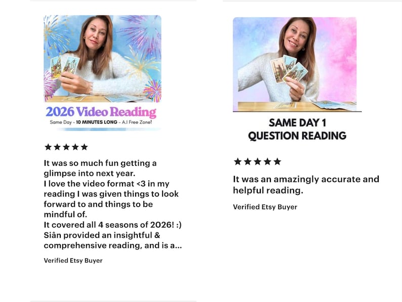 Pu&ograve; includere: Due immagini di una donna con carte dei tarocchi. La prima immagine presenta il testo "2026 Video Reading" e recensioni dei clienti. La seconda immagine presenta il testo "Same Day 1 Question Reading" e recensioni dei clienti.